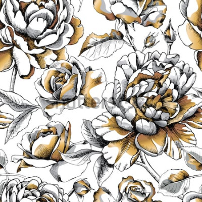 Sticker Naadloos patroon met beeld gouden Pioen en nam op een witte achtergrond toe. Vector illustratie.