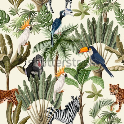 Sticker Naadloos patroon met exotische bomen en dieren.