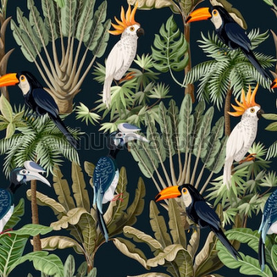 Sticker Naadloos patroon met exotische bomen en wilde vogels, papegaaien en toekans.