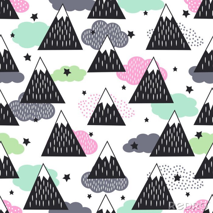 Sticker Naadloos patroon met geometrische besneeuwde bergen, wolken en sterren. Grafische natuur illustratie. Abstracte bergen achtergrond.