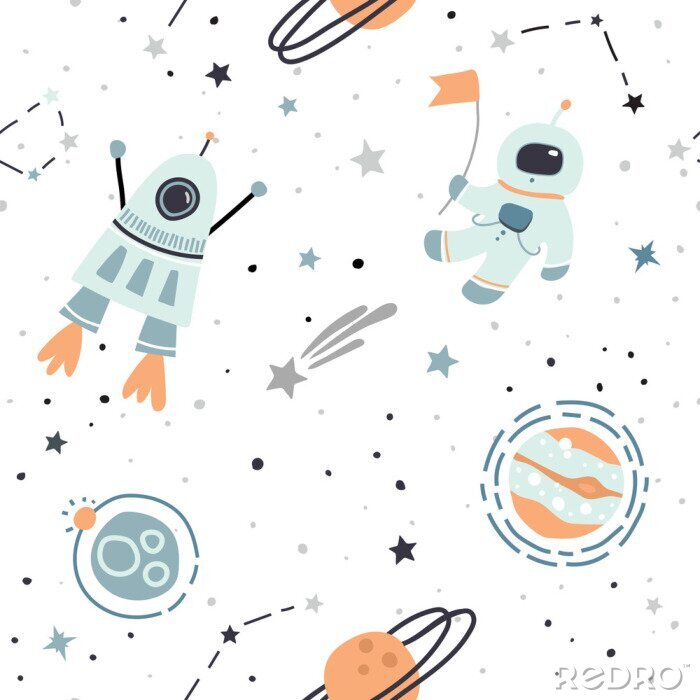 Sticker Naadloos patroon met hand getrokken ruimteelementen: kosmonaut, astronaut, ruimte, raket, sterren, vallende ster, planeten. Trendy kinderen vector achtergrond op wit.