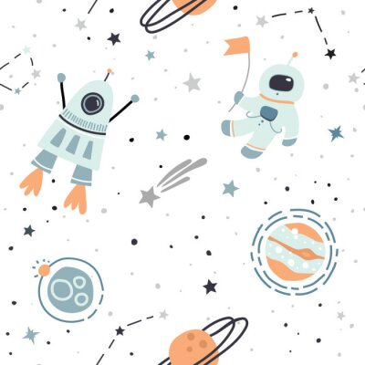 Behang Naadloos patroon met hand getrokken ruimteelementen: kosmonaut, astronaut, ruimte, raket, sterren, vallende ster, planeten. Trendy kinderen vector achtergrond op wit.