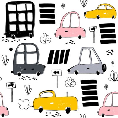 Naadloos patroon met handgetekende schattige auto. Cartoon auto's, verkeersbord, zebra kruising vector illustration.Perfect voor kinderen stof, textiel, kwekerij behang