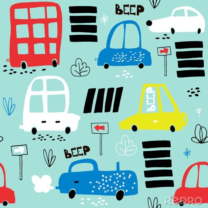 Sticker Naadloos patroon met handgetekende schattige auto. Cartoon auto's, verkeersbord, zebra kruising vector illustration.Perfect voor kinderen stof, textiel, kwekerij behang