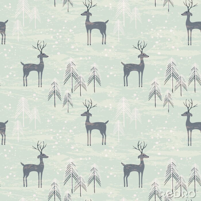 Sticker Naadloos patroon met herten in de winterbos
