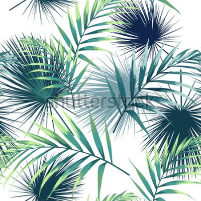 Sticker Naadloos patroon met tropische bladeren. Donkere en heldergroene palmbladen op de witte achtergrond. Vector naadloos patroon. Tropische illustratie. Jungle gebladerte.