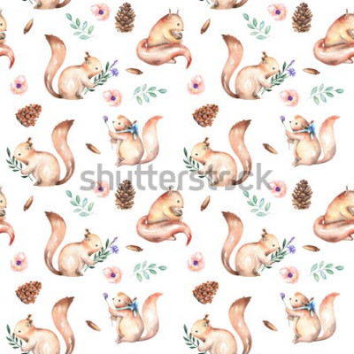 Sticker Naadloos patroon met waterverfeekhoorns, sparappel en eiken eikels, getrokken die op een witte achtergrond wordt geïsoleerd