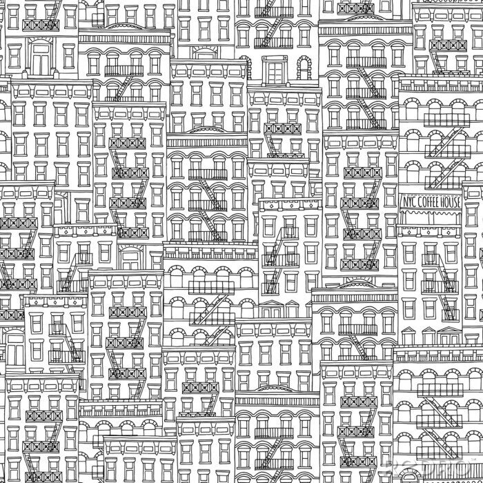 Sticker Naadloos patroon van New York stijl huizen met brandtrappen