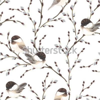 Sticker Naadloos patroon van Willow takken en vogels Black-capped Chickadee, betrokken op witte achtergrond in vintage aquarel stijl.