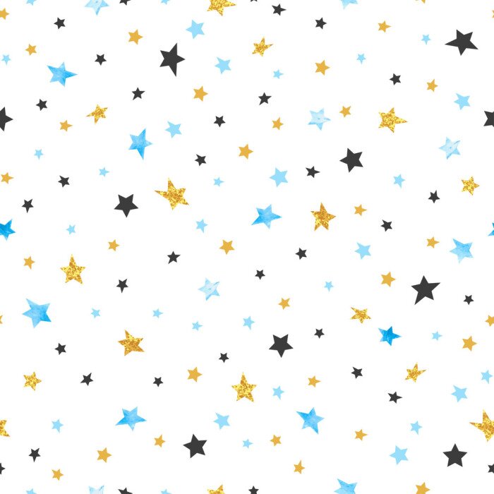 Sticker Naadloos sterrenpatroon. Vector viering achtergrond in blauwe, zwarte en gouden kleuren.