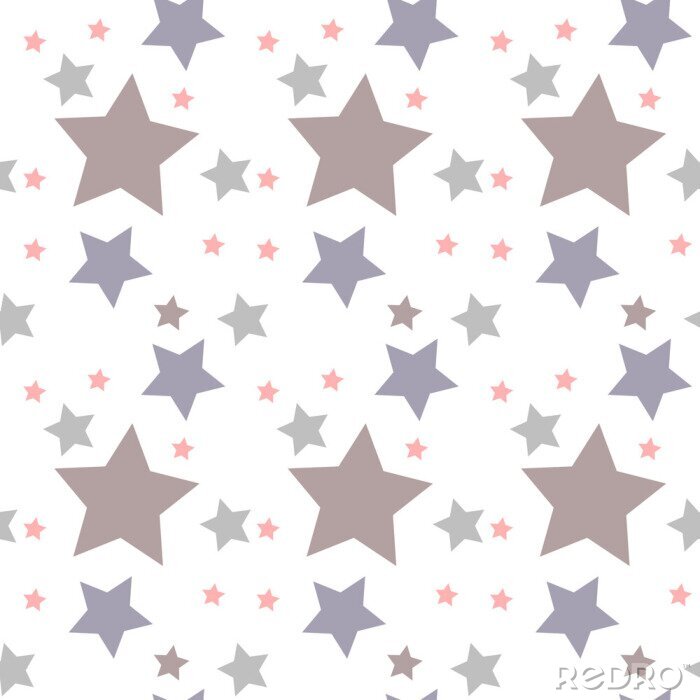 Sticker Naadloos vectorpatroon met gekleurde sterren van diverse grootte op witte achtergrond.
