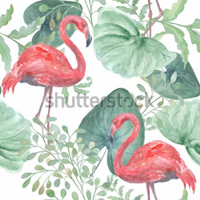 Sticker Naadloos waterverf tropisch patroon met tropische bladers, vogel Flamingo op een witte achtergrond.