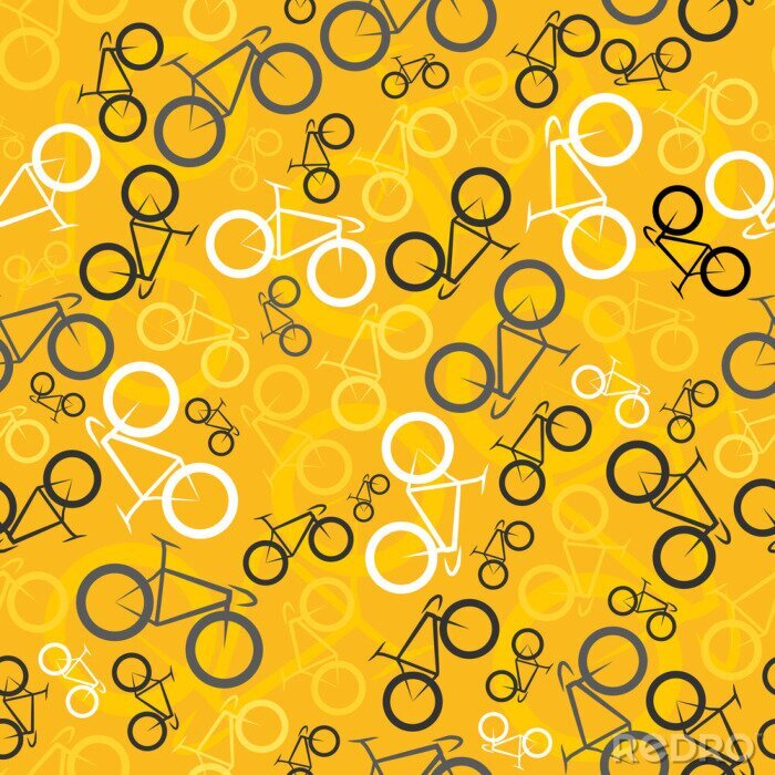 Sticker Naadloze achtergrond patroon met racefietsen. Witte en zwarte fietsen op gele achtergrond. Vector.