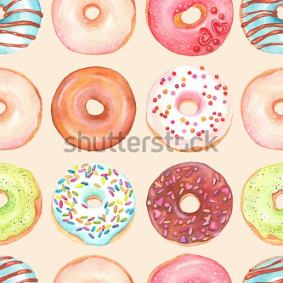 Sticker Naadloze achtergrond van verglaasde waterverf kleurrijke donuts.