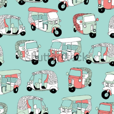 Sticker Naadloze Aziatische de koningin van India van het vervoerspictogram van het de achtergrond van de wegriksja illustratie patroon in vector