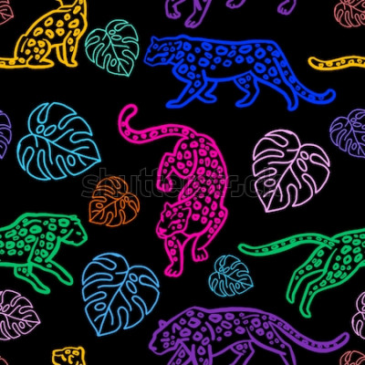 Sticker Naadloze patroon Leuke luipaarden en monsterabladeren. Geïsoleerd op witte achtergrond Wilde katten. Neon illustratie.