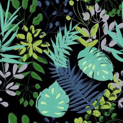 naadloze patroon van blauwe en groene planten op een zwarte achtergrond