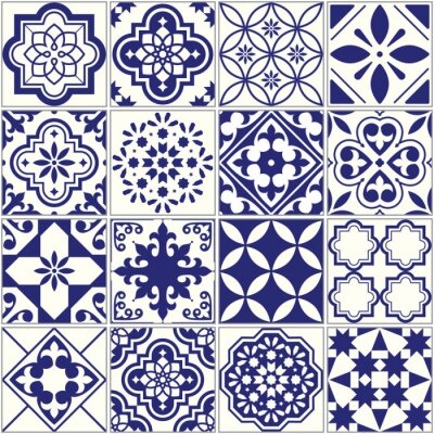 Naadloze tegels patroon, Mediterrane bloemen mozaïek set, Lissabon naadloze marine blauw ornament