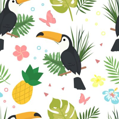 Sticker Naadloze vector cartoon doodle patroon. Exotische tropische textuur voor afdrukken, webdesign, poster sjabloon. Verzameling van grappige elementen