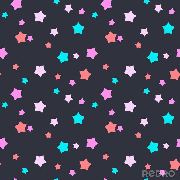 Sticker Naadloze vector patroon met mint, roze en blauwe sterren op donkere grijze achtergrond. Achtergrond voor kleding, productie, wallpapers, prenten, cadeaupapier en scrapbook.