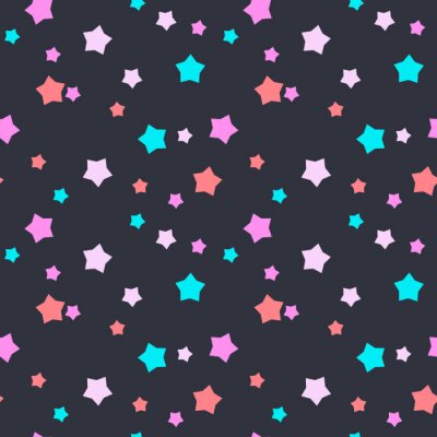Sticker Naadloze vector patroon met mint, roze en blauwe sterren op donkere grijze achtergrond. Achtergrond voor kleding, productie, wallpapers, prenten, cadeaupapier en scrapbook.