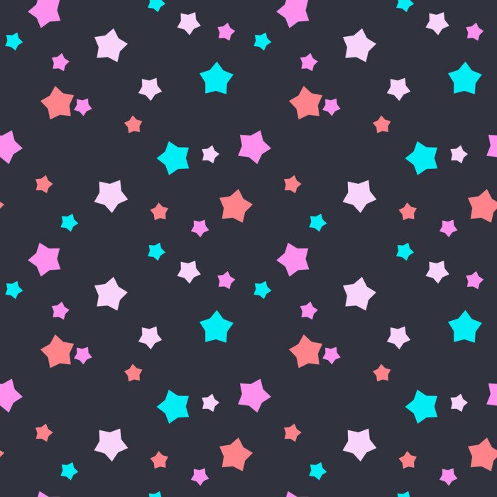 Sticker Naadloze vector patroon met mint, roze en blauwe sterren op donkere grijze achtergrond. Achtergrond voor kleding, productie, wallpapers, prenten, cadeaupapier en scrapbook.