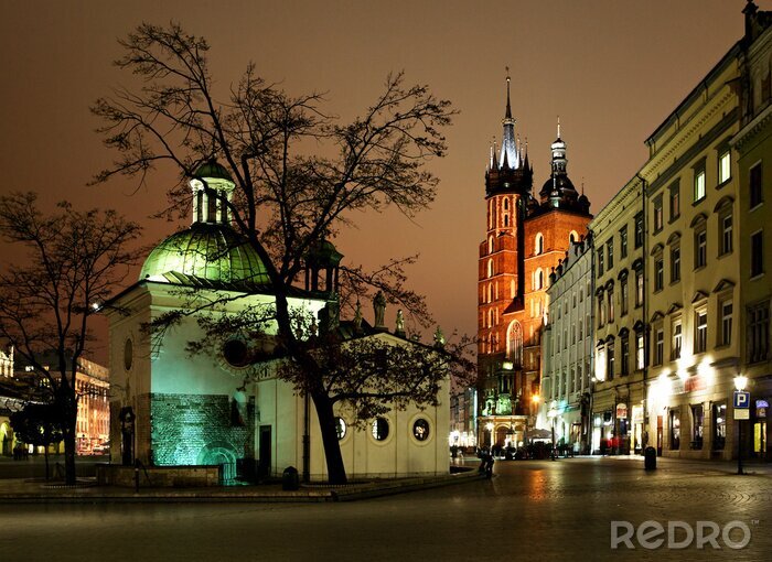Sticker Nacht uitzicht van de Grote Markt in Krakau, Polen