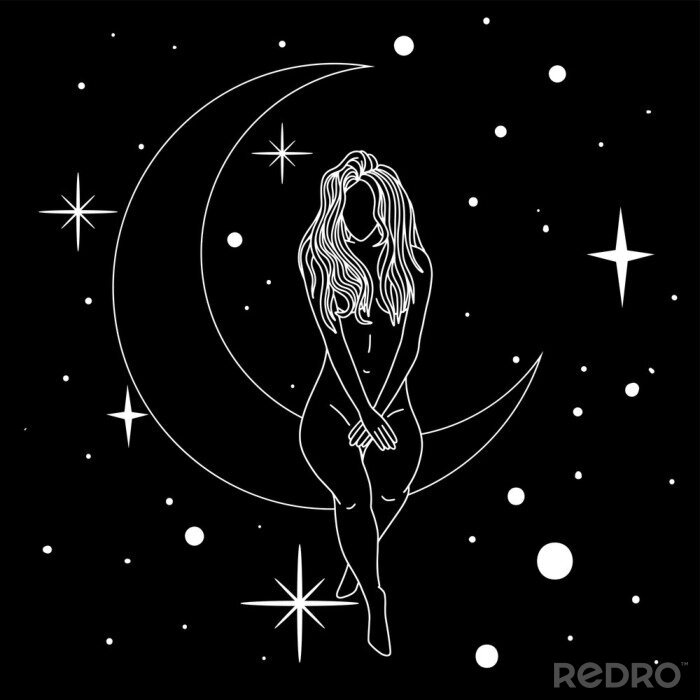 Sticker Naked woman sitting on the moon in trendy linear minimal style.