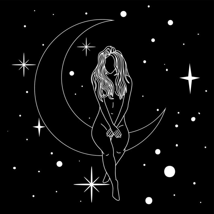 Sticker Naked woman sitting on the moon in trendy linear minimal style.