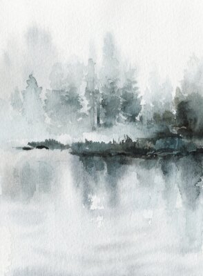 Neo-noir landscape. Blue river / lake / sea / ocean with mountains and forest in fog - hand drawn watercolor painting in minimalist style. Pre-made scene, background.