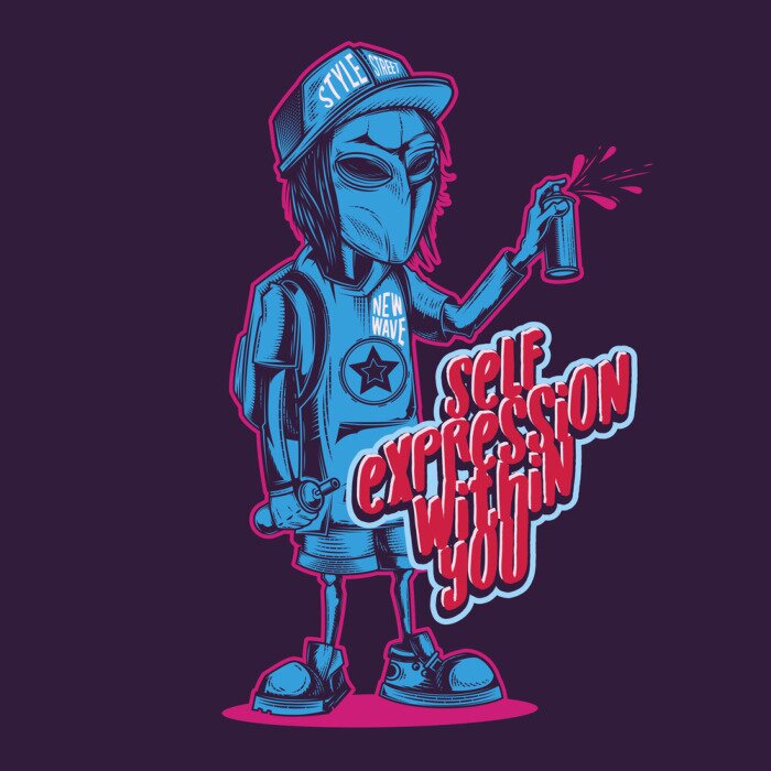 Sticker Neon Alien with a can of paint in his hands. Vector illustration in retro style. Design for stickers or t-shirt.