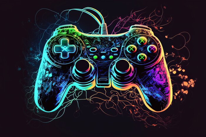 Sticker Neon-stylized gamepad in a unique design. Future of gaming. Console gaming. Generative AI.