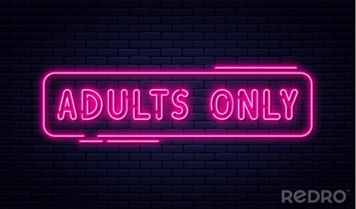 Sticker Neonteken, alleen volwassenen, 18 jaar, geslacht en xxx. Beperkte inhoud, erotische videoconceptbanner, billboard of uithangbord
