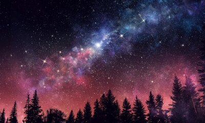 Nevel en nachtelijke hemel boven het naaldbos