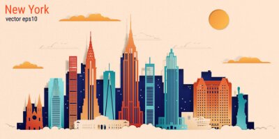 Sticker New York city colorful paper cut style, vector stock illustration. Cityscape with all famous buildings. Skyline New York city composition for design.