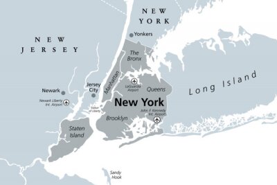 Sticker New York City gray political map. Most populous city in the United States located in the state of New York. Manhattan, Bronx, Queens, Brooklyn and Staten Island. English labeling. Illustration. Vector