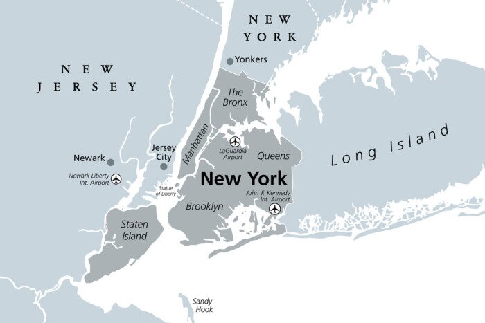Sticker New York City gray political map. Most populous city in the United States located in the state of New York. Manhattan, Bronx, Queens, Brooklyn and Staten Island. English labeling. Illustration. Vector
