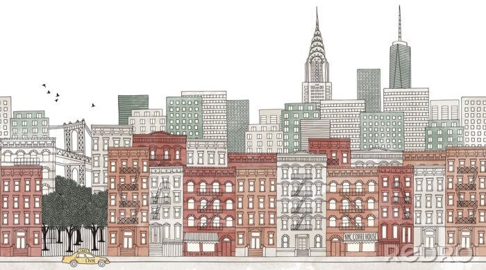 Sticker New York City - naadloze banner van de skyline van New York, getrokken hand en digitaal gekleurde inkt illustratie