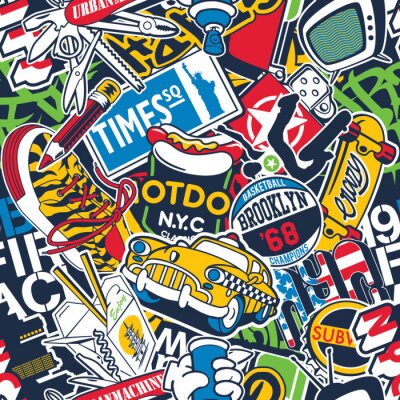 Behang New York City urban stickers patchwork abstract vector seamless pattern