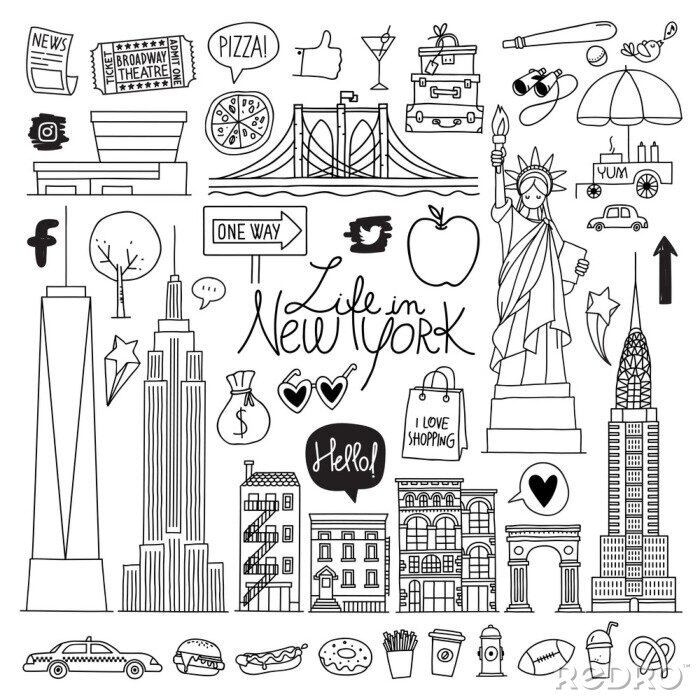 Sticker New York. Hand getrokken vector set