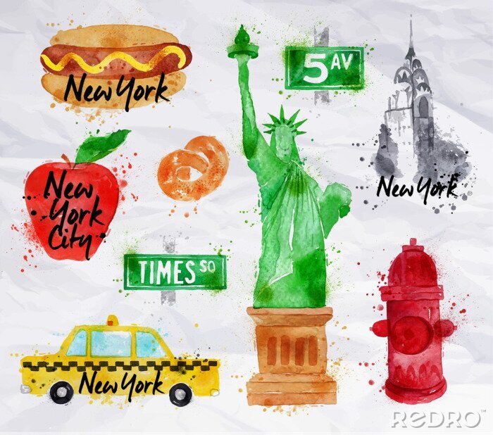 Sticker New York symbolen crumled papier