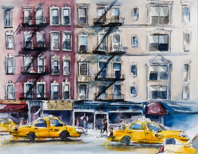 New Yorkse taxi in aquarel