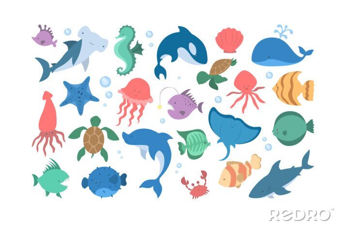 Sticker Oceaan en zee dieren set. Verzameling van waterdieren