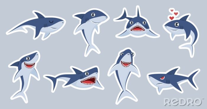 Sticker Ocean shark mascot. Happy sharks, scary jaws and underwater swimming cute character, emotions fish for stickers, patches vector set