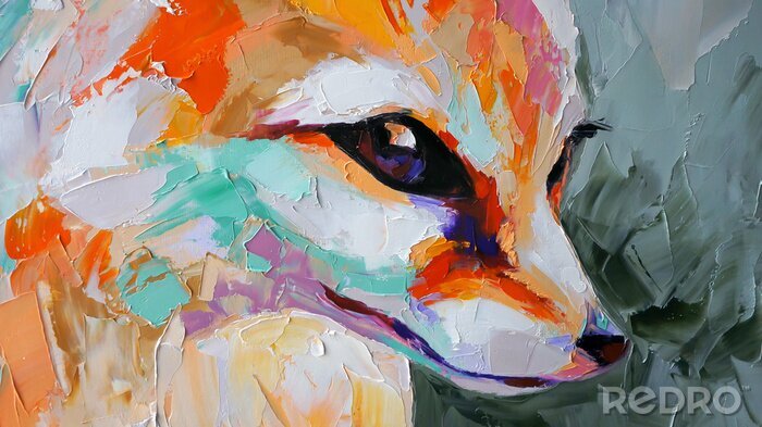 Sticker Oil fox portrait painting in multicolored tones. Conceptual abstract painting of a fennec muzzle. Closeup of a painting by oil and palette knife on canvas.
