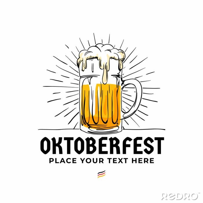 Sticker Oktoberfest hand getrokken logo badge. Oud stijl volledig glas bier met van achtergrond zonstralen illustratie voor het ontwerpconcept van het het bierfestival van München. Poster, banner, sticker, ve