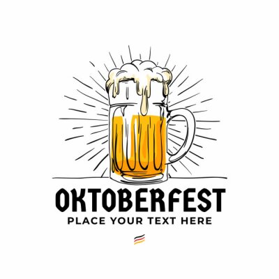 Sticker Oktoberfest hand getrokken logo badge. Oud stijl volledig glas bier met van achtergrond zonstralen illustratie voor het ontwerpconcept van het het bierfestival van München. Poster, banner, sticker, ve