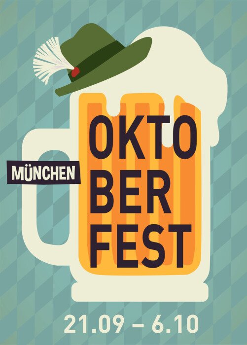 Sticker Oktoberfest party poster illustration with mug of beer and blue and hat party background. Vector celebration flyer template for traditional German beer.