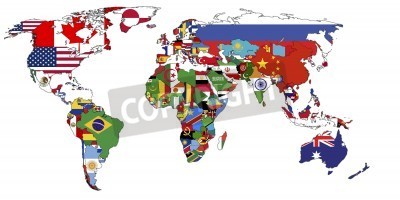 Sticker old political map of world with country flags