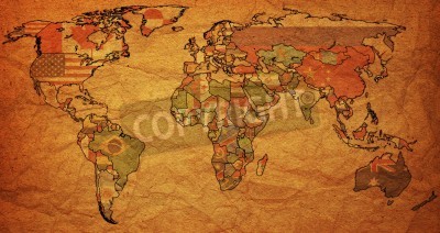 Sticker old political map of world with country flags